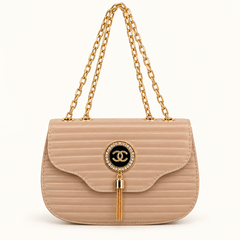 Beige Quilted Shoulder Bag with Gold Chain Strap