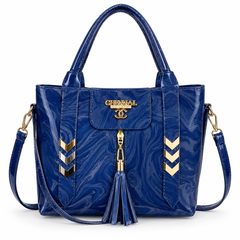 Royal Blue Glossy Tote Bag with Tassel Detail