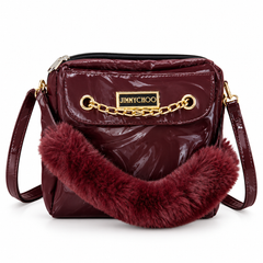 Burgundy Glossy Crossbody Bag with Plush Fur Detail
