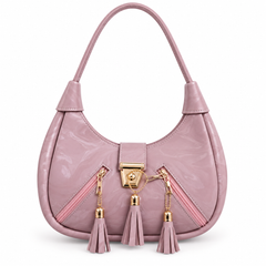 Dusty Pink Glossy Shoulder Bag with Gold Tassel Details