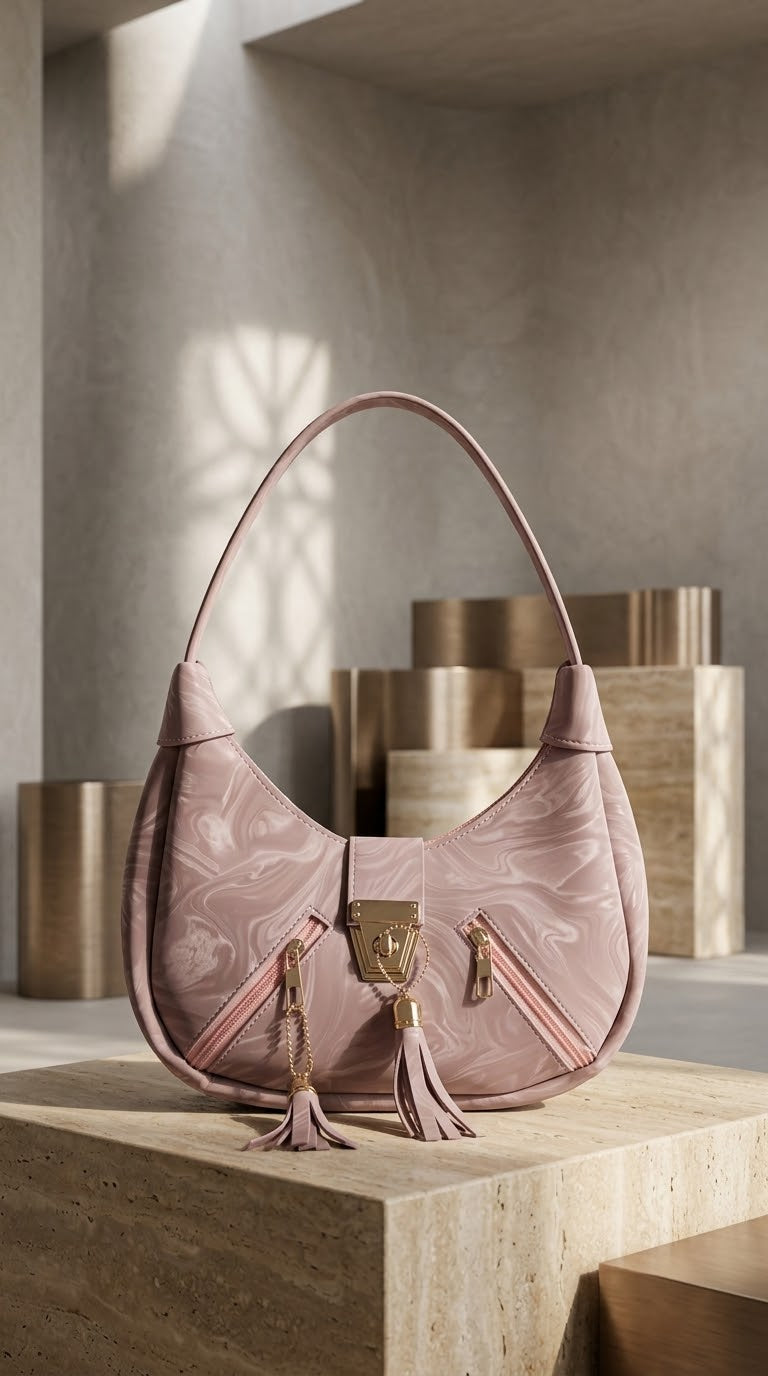 Elegant Pink Marble Hobo Bag for Women