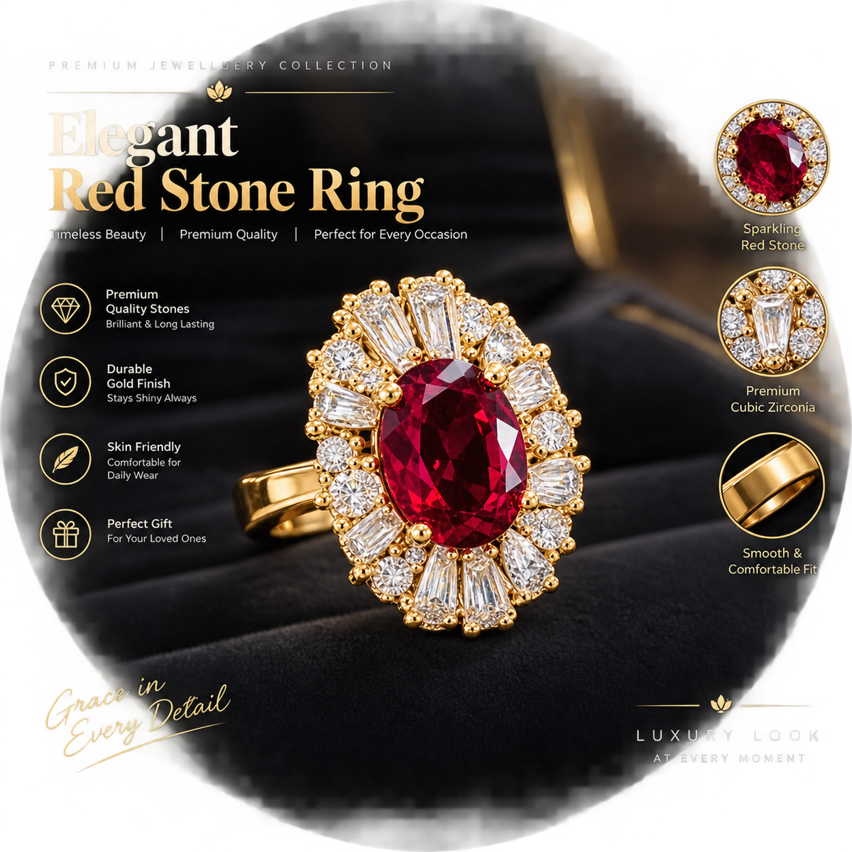 Elegant Red Stone Halo Ring