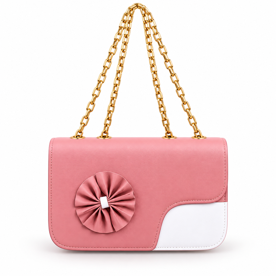 Pink & White Bow Detail Shoulder Bag with Gold Chain