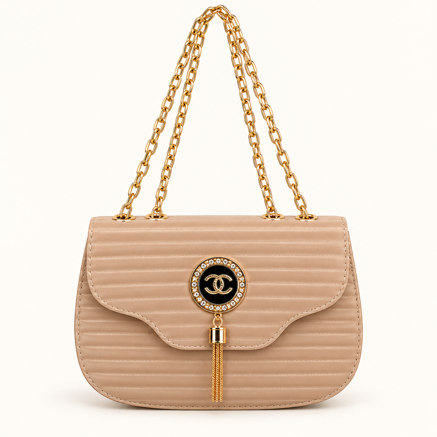 Beige Quilted Shoulder Bag with Gold Chain Strap