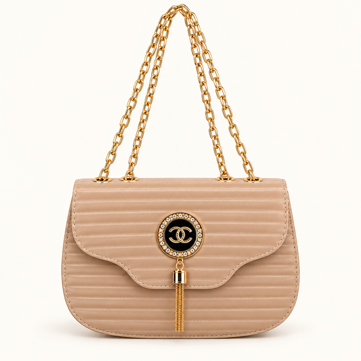 Beige Quilted Shoulder Bag with Gold Chain Strap