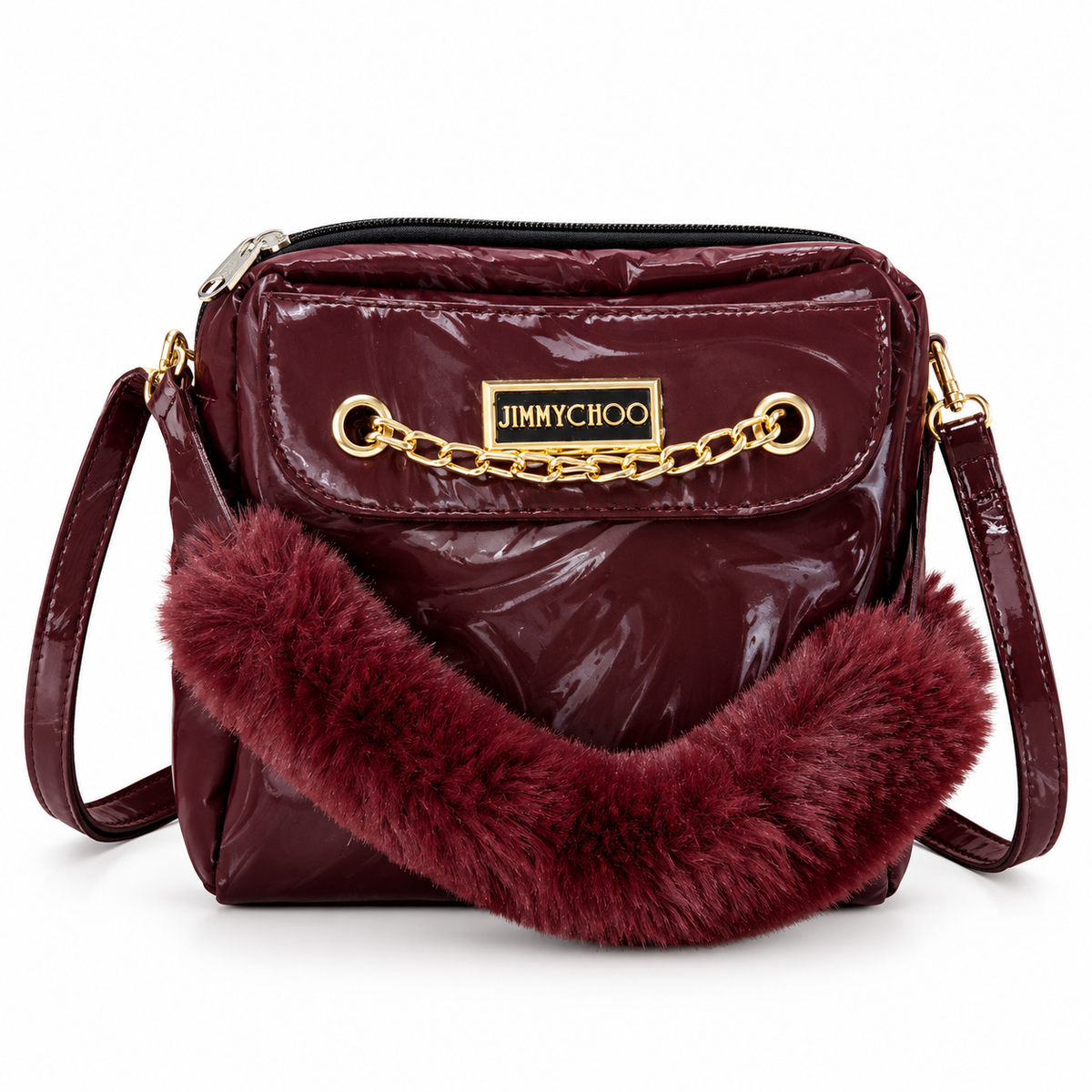 Burgundy Glossy Crossbody Bag with Plush Fur Detail