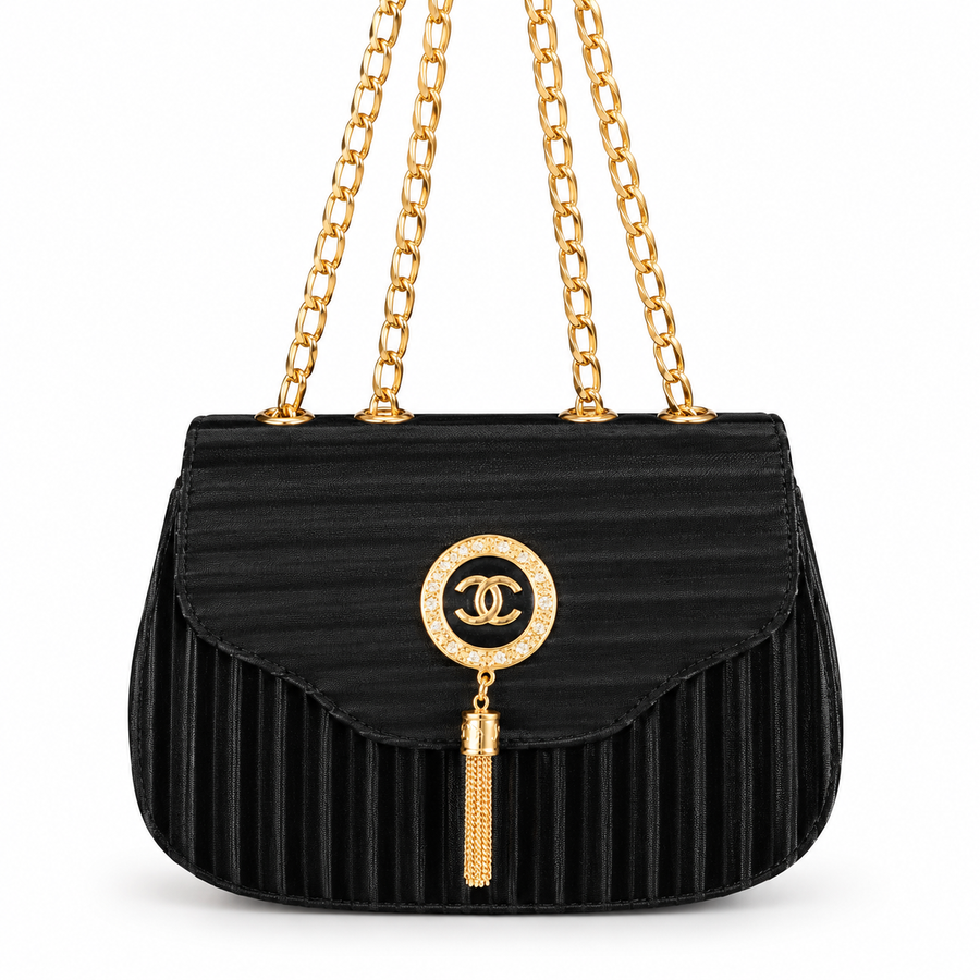 Black Quilted Shoulder Bag with Gold Chain Strap